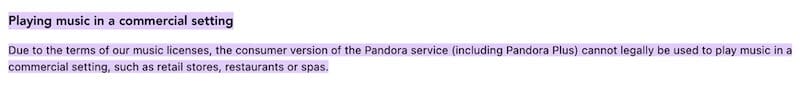 pandora streaming music service not legal for business use in commercial venues stores